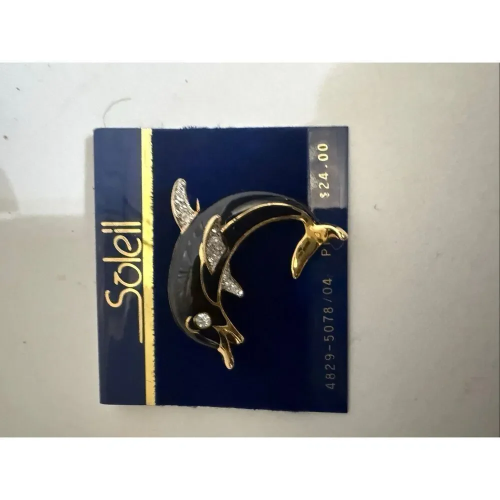 Vintage Soliel Women's Gold-Tone Rhinestones Bling Dolphin Brooch Pin Black NWT